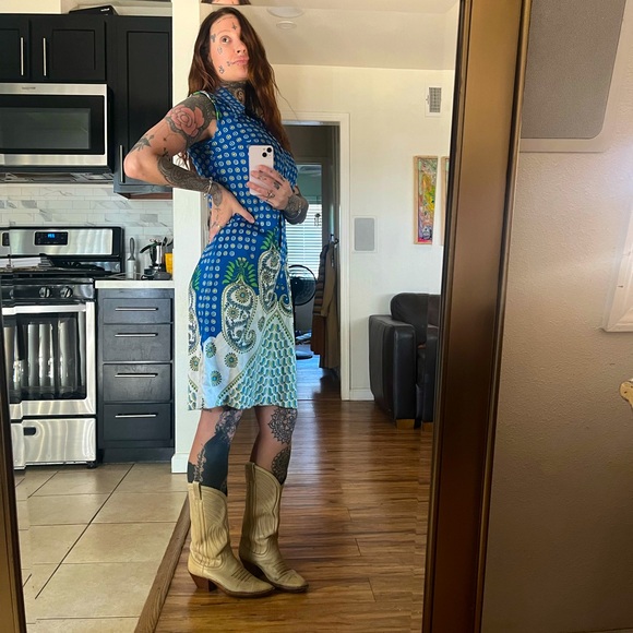 70s Paisley Sundress Medium Blue Midi Straight Button Down Collared Vintage Mod - Picture 1 of 12